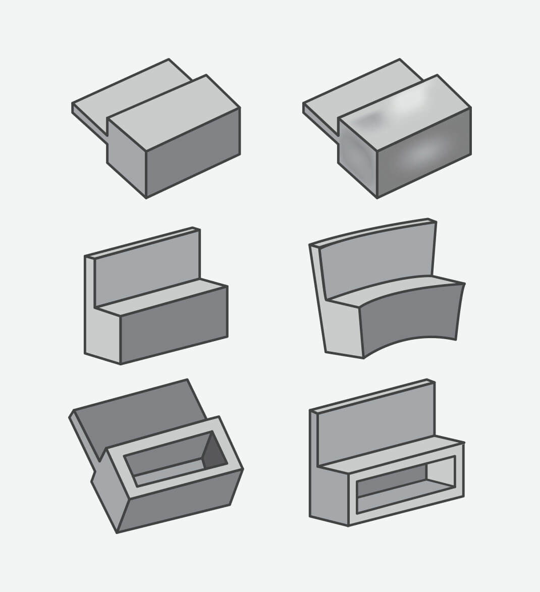 The top row represents a part designed with thick features and the resulting sink once molded. The middle row also shows a part designed with thick features, but this time the warp that occurs once molded. The bottom row demonstrates how coring out thick features helps create an optimally molded part.