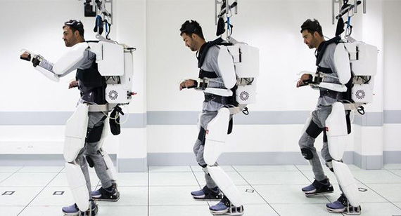 A paralyzed man was able to walk with the help of an exoskeleton and ceiling-attached harness using brain-controlled sensors. Photo Courtesy: mashable.com