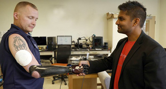 Brazil Army veteran Garrett Anderson used the system integrated with his prosthetic arm to determine the strength of his grip. Photo courtesy: northwestern.edu